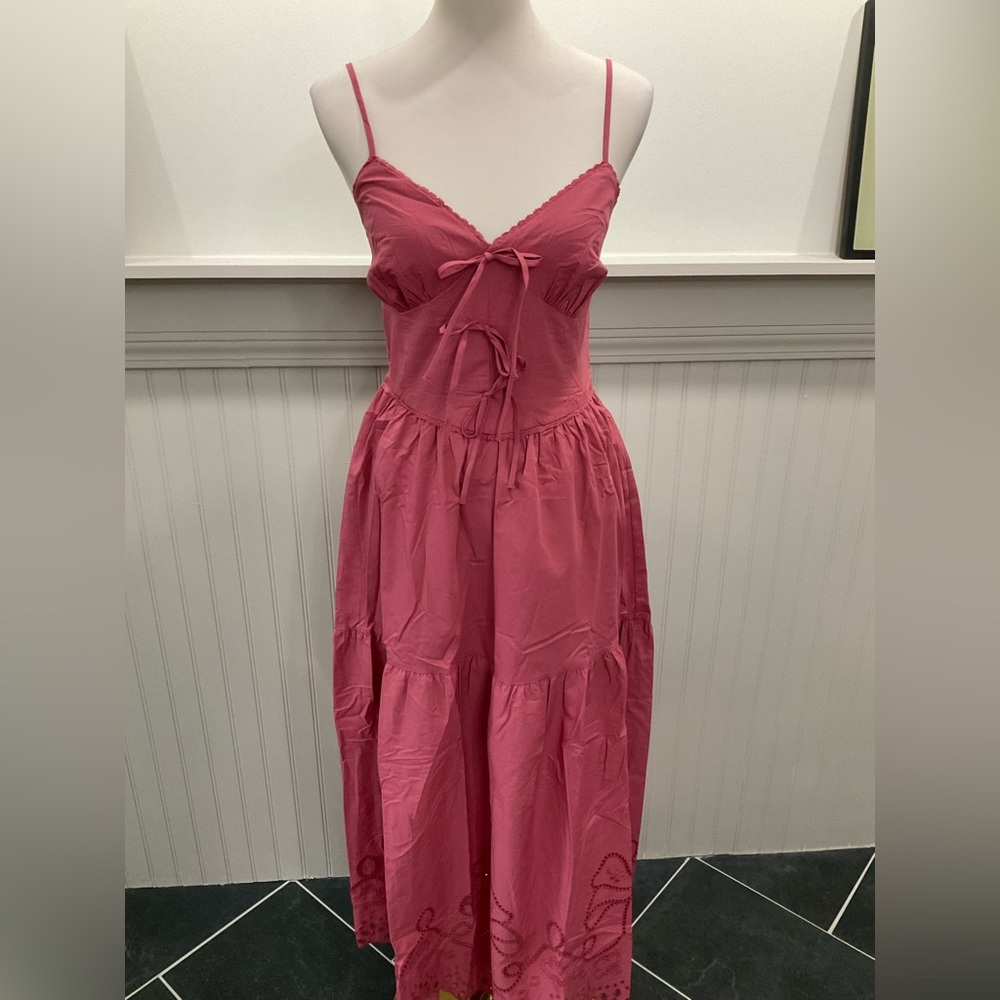 Moon River Pink Cotton Eyelet Midi Dress NWT Size S Bow Detail Cottagecore